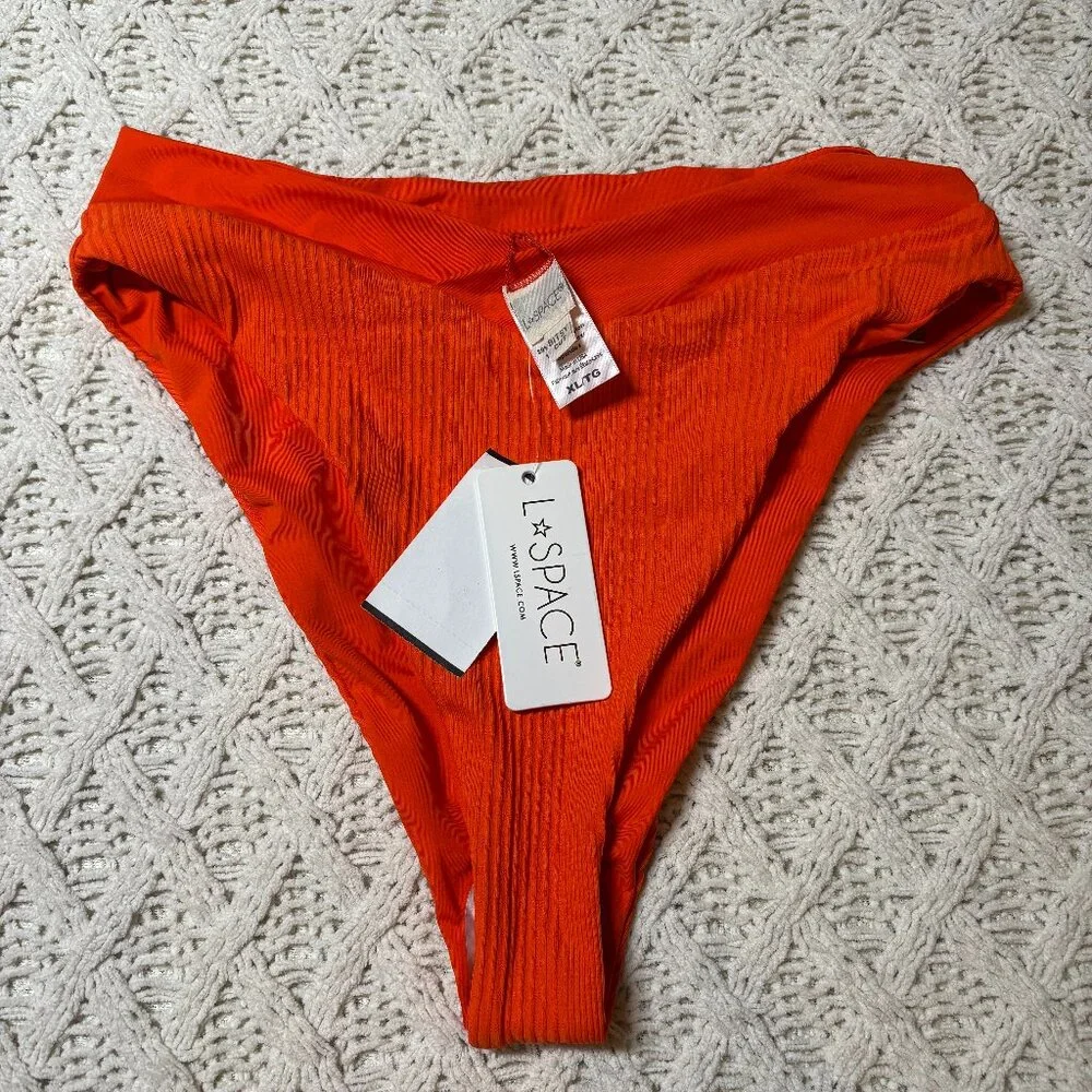 NWT L*Space Court Bikini‎ Bottoms Pop Orange Ribbed High Leg – Women’s XL NWT